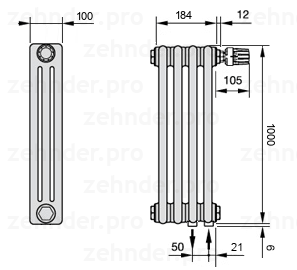Схема (чертеж) Радиатор Zehnder Charleston 3100/4 №V002 Белый глянцевый RAL 9016
